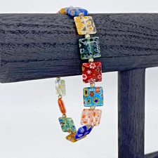 Millefiori Flat Art Glass Flower Bead Bracelet 8.5" Venetian Murano Style
