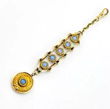 Antique Victorian Opalescent Blue Glass Gold Filled Pocket Watch Fob Pendant