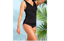 Kim Gravel Size 10 Black Asymmetrical Sarong One Piece Swimsuit A629541 NWOT