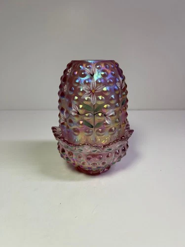 Fenton Art Glass Pink Iridescent Candle Holder ~ Hand painted by L. Lucas