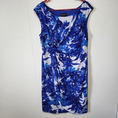 Connected Apparel Floral Sheath Dress Blue White Ruched Stretch Women Size 16