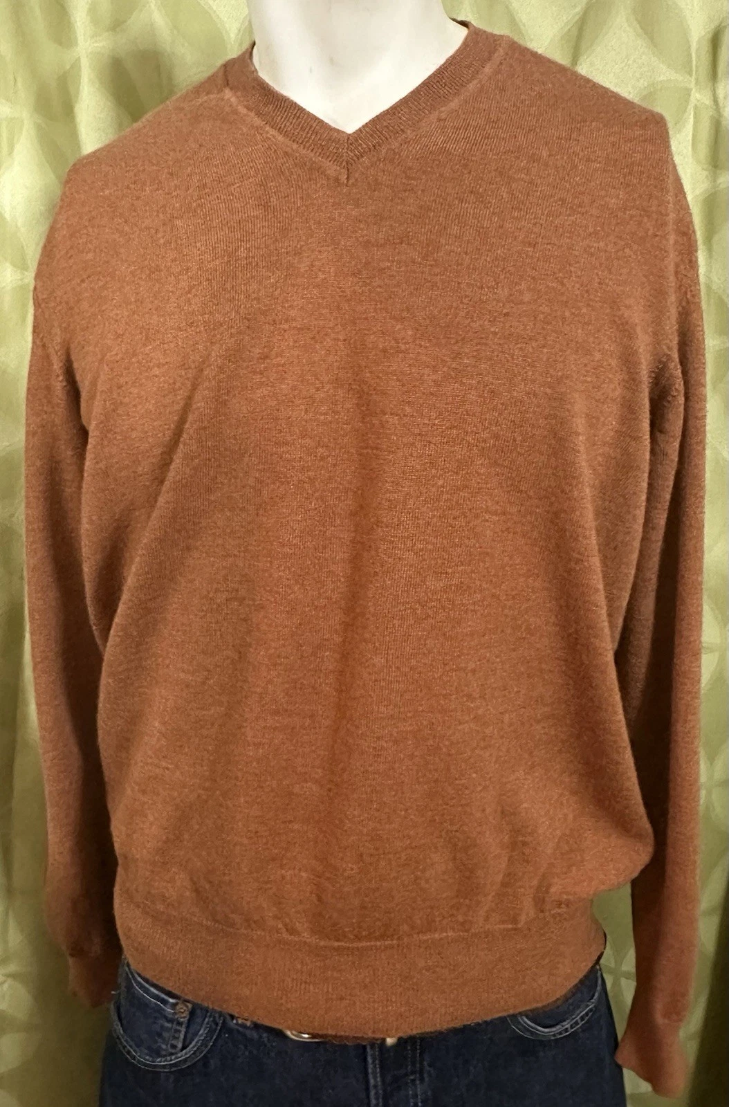 L 100% Merino Wool BLACK BROWN 1826 Rust V-Neck Sweater LORD TAYLOR Italy Made
