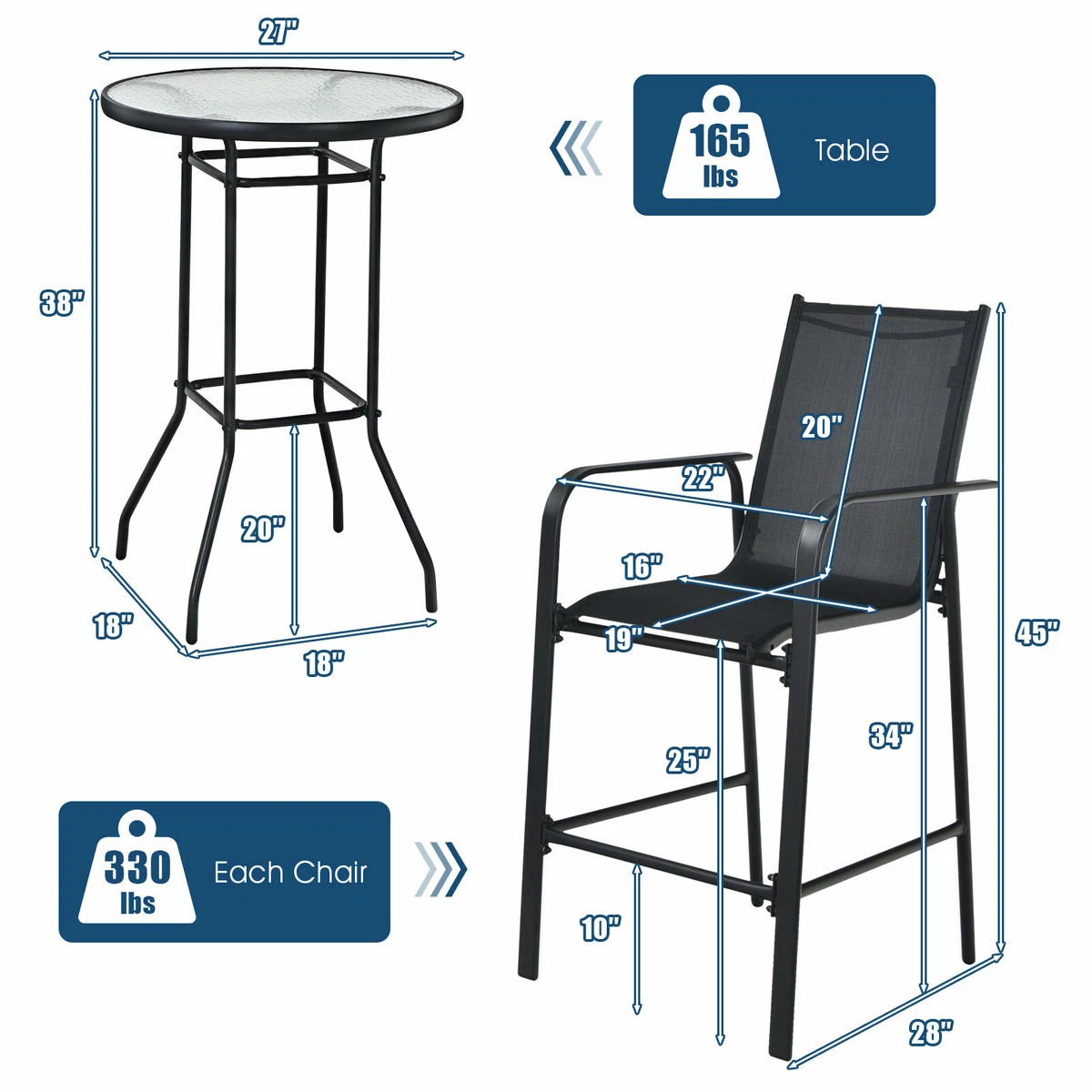 Patiojoy 3 PCS Outdoor Bar Table Stool Set Height Tempered Glass
