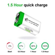 9V Lithium Li-Ion Ni-MH Rechargeable Batteries / 9 Volt 650mAh Battery Charger