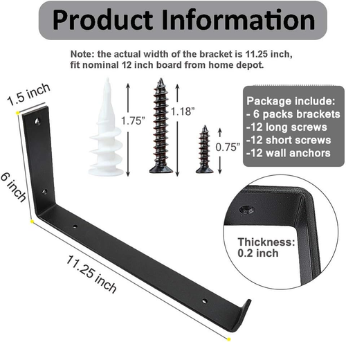 Shelf Brackets 12 Inch 4PCS Heavy Duty Frosted Black Wall Bracket with Lip for F - Picture 2 of 12