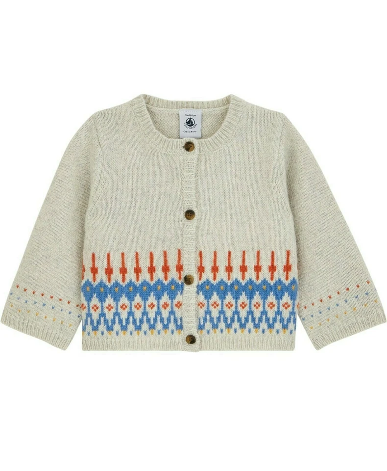 Petit Bateau Baby Strickjacke Cardigan beige Jacquard Muster Gr.6-12 Monate