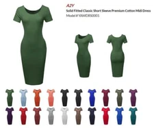 Solid Fitted Classic Short Sleeve Premium Cotton Midi Dress