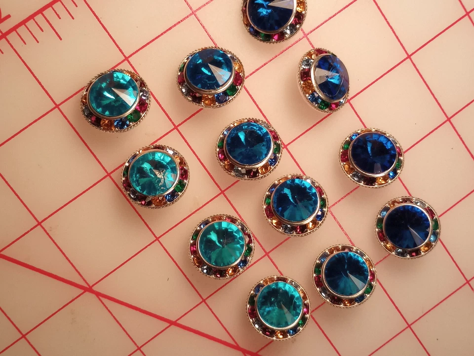 5 Multi Colored Rainbow Rhinestone Shank Buttons Royal Blue Acrylic 7/8" 22mm - Image 2 of 4