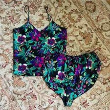 Vintage Satin Tropical Floral Satin Tank  Shorts Pajama Set S