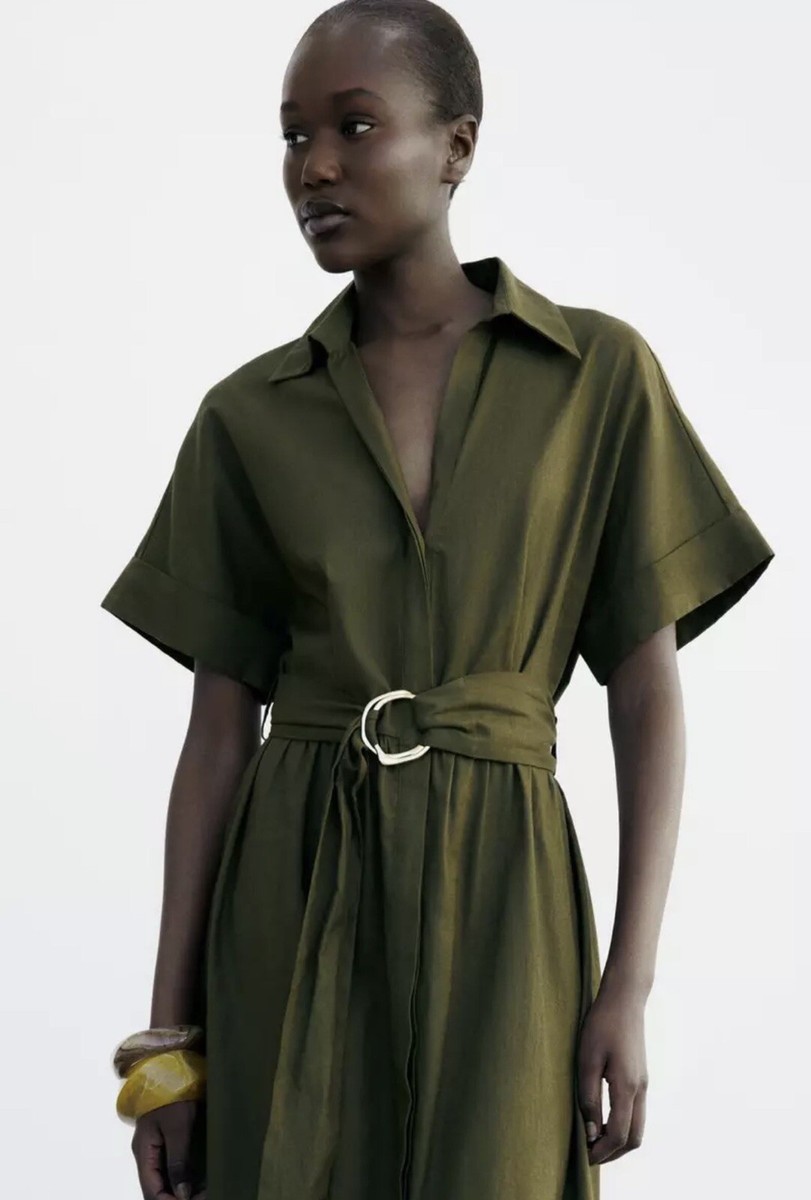 ZARA【NEW】LIMITED EDITION LINEN BLEND SHIRT DRESS Zara New Green Linen Blend Midi Belted Shirtdress. Short