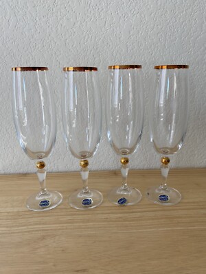 Bohemia Crystal- Crystalex Champagne Glasses Gold Rim, Gold Ball on Stem (4)