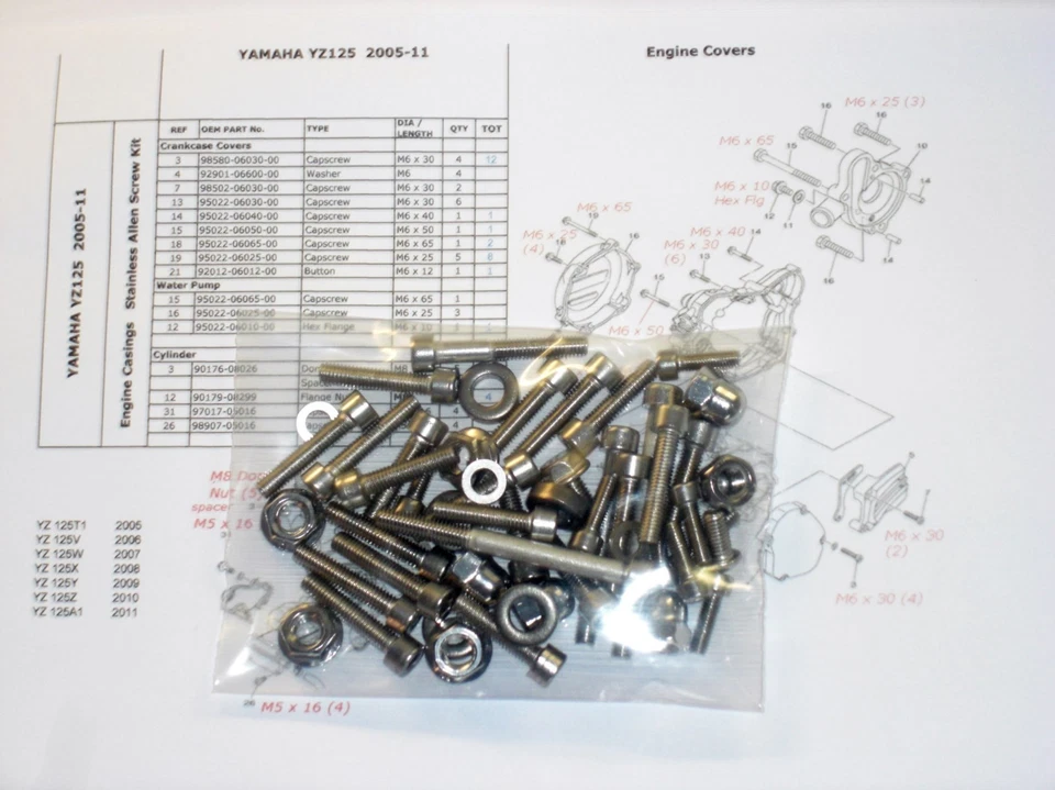 Kit de cubiertas de motor Yamaha YZ125 2005-21 pernos cilindro cúpula tuercas Foto 2 de 4