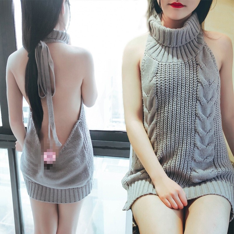 Japanese style open back knitted sweater dress high collar sweet loose sexy  new