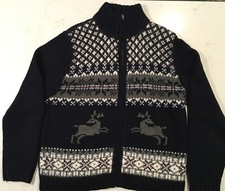 Eddie Bauer Fair Isle Cardigan Women s Sweater Blue Zipper Reindeer Large