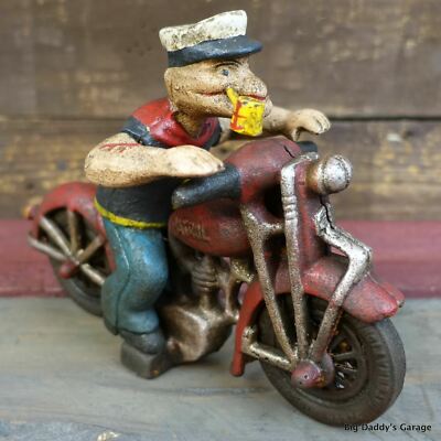Popeye On Harley Davidson Patrol Motorcycle, Cast Iron Painted