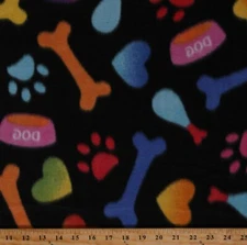 Fleece Multicolored Paw Prints Paws Dog Bones Black Fleece Fabric Print A332.16