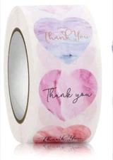 500 pcs Sticker Roll Pastel Cursive Thank You Heart Semi Gloss Self Adhesive NEW