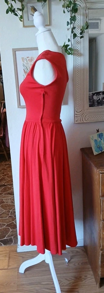 Vestido de día XS 80 vintage rojo jersey tejido cuello redondo manga gorra Foto 4 de 4