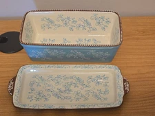 Temptations by Tara 1 Qt Blue Loaf Bread Pan Floral Lace With Lid Ovenware