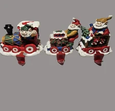Vtg Christmas Santa Train Mini Stocking Holder Set of 3 Hard Ceramic 4" & 3"