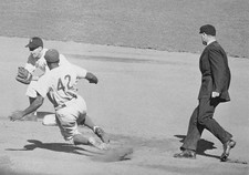 Jackie Robinson Of Dodgers Sliding Into Second Base 1947 Old Baseball Photo