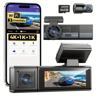 AZDOME 3-Kanal Dashcam 4K+1080P+1080P WiFi vorne und hinten 24H Parkmodus 64 GB