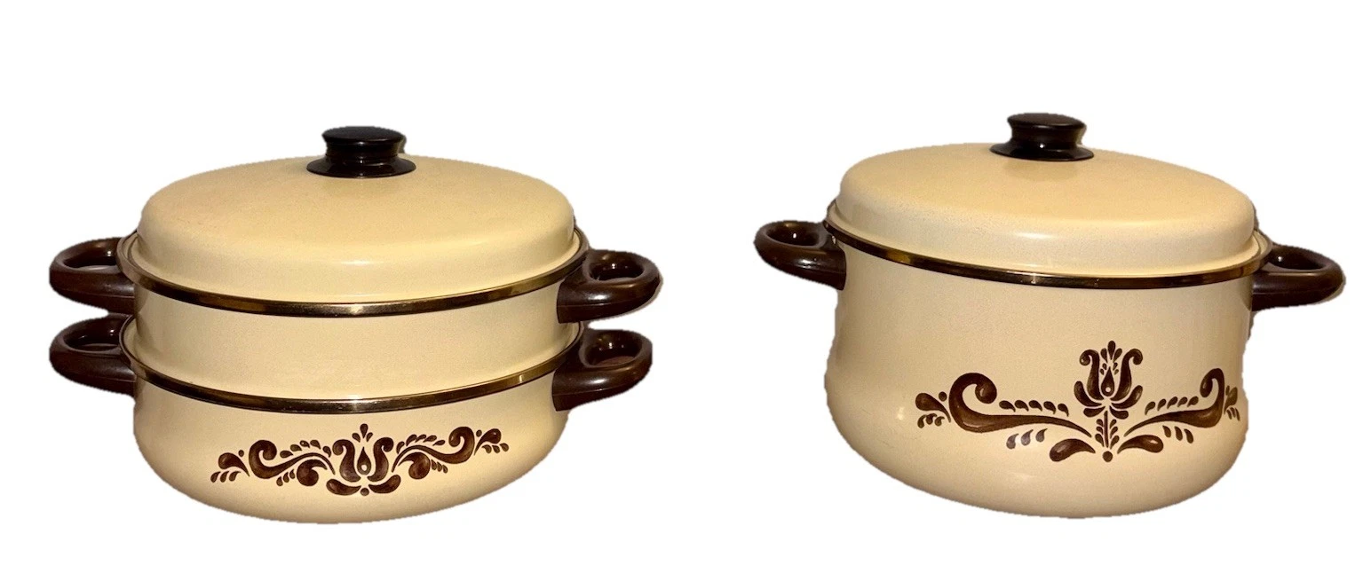 Vintage Pfaltzgraff Village Covered Stew Pot with Steamer and Stock Pot Set