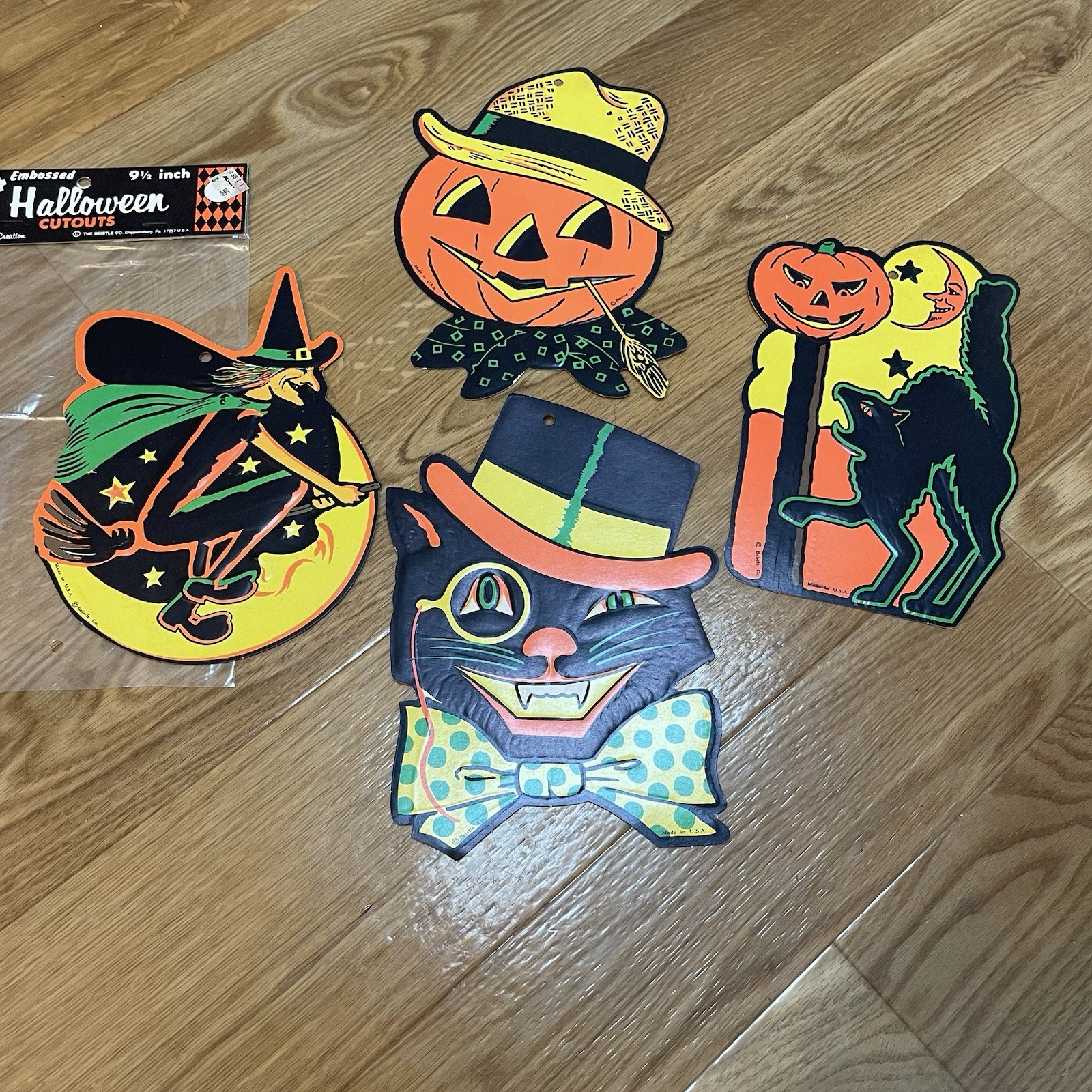 Lot of Vintage Halloween BEISTLE Embossed Die Cut Decorations Cat Witch 4 PCS