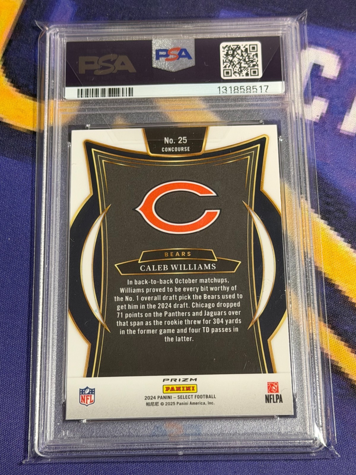 2024 Select - Concourse Caleb Williams #25 Black & Red Shock Prizm (RC) PSA 10 view 2