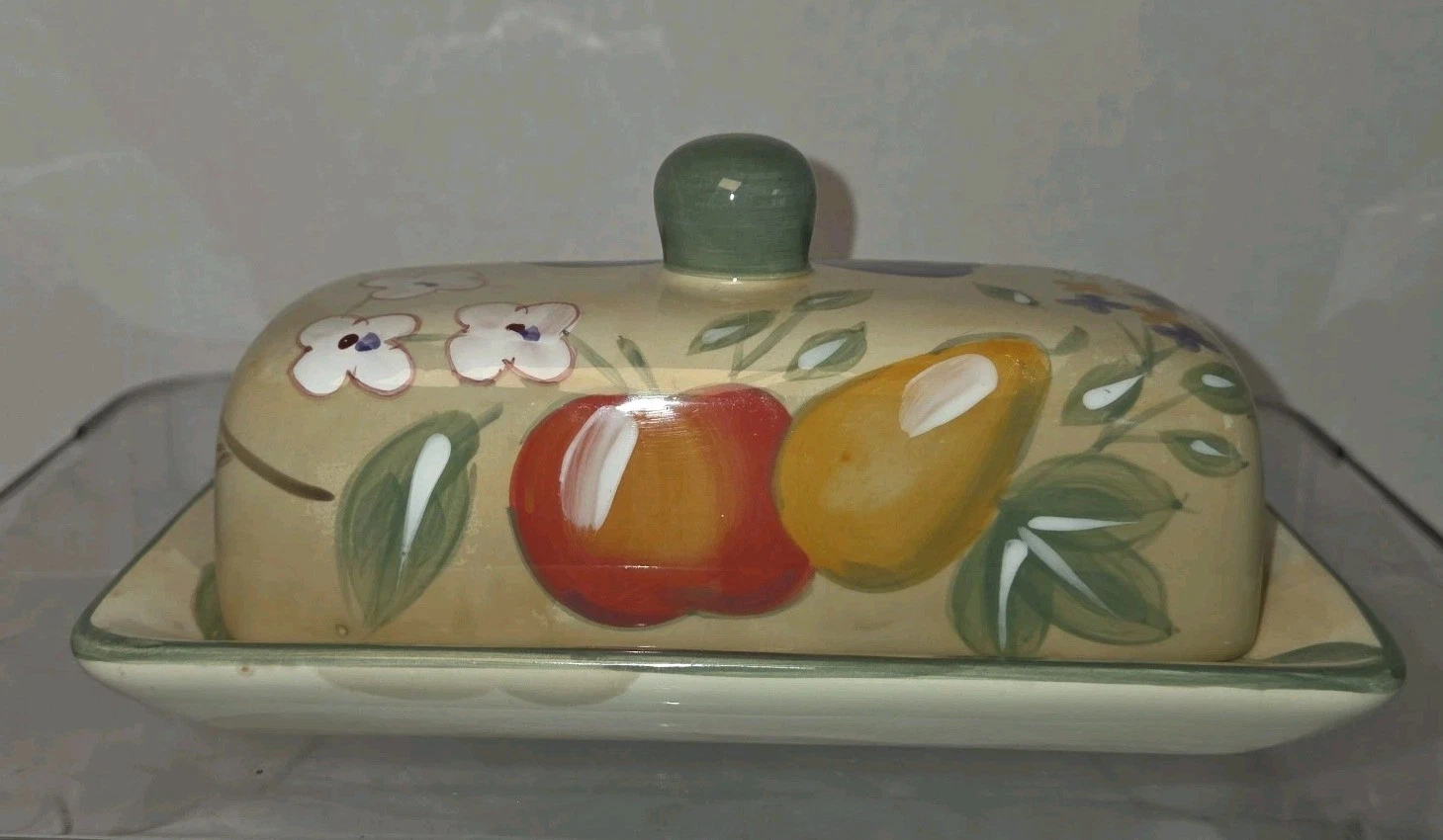 Vintage Gibson Designs Ceramic Butter Dish & Lid Fruit Grove Apple Pear Floral