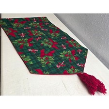 Vintage Christmas Table Runner Holly Candy Cane Plaid Green Red Tassel 21"x13"