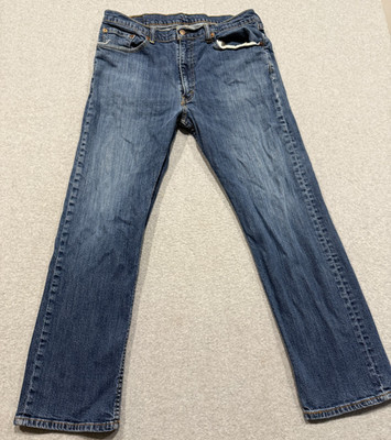 Levis 505 Jeans Mens 36x30 Blue Denim Straight Leg Stretch Whisker Cowboy Biker