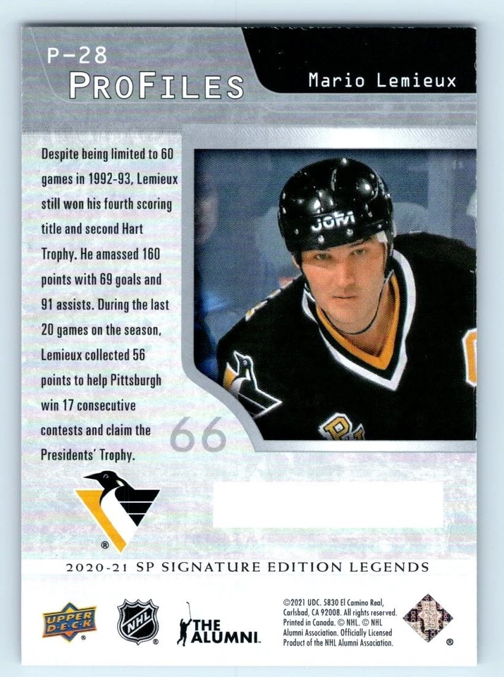 2020-21 SP Signature Edition Legends #P-28 MARIO LEMIEUX Profiles - Image 2 of 3
