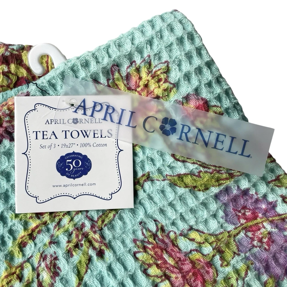 April Cornell Tea Towels Kitchen Set 3 Wildflower Turquoise Floral Waffle Weave - Image 2 of 4