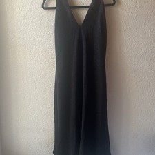 Black Sleeveless V-Neck Backless Strappy Slip Dress Knee Length Solid