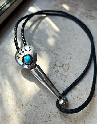 Bear paw Bolo Tie Black Braided Leather Cord 925 silver ,Blue Turquoise Stone