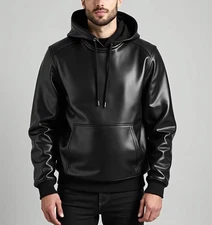 Men’s Black Sheep Leather Hoodie | Handmade Pullover Jacket | Winter Outerwear