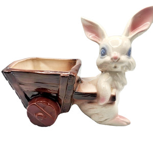 Vintage Easter Bunny Rabbit Pulling Cart Ceramic Planter