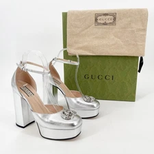 Gucci Silver Metallic Crystal GG Platform Ankle Strap Block Heel Pumps EU 37.5