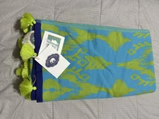 John Robshaw Ravi Peacock Beach Towel w/ Tassels 40" x 70" Green & Blue NWT