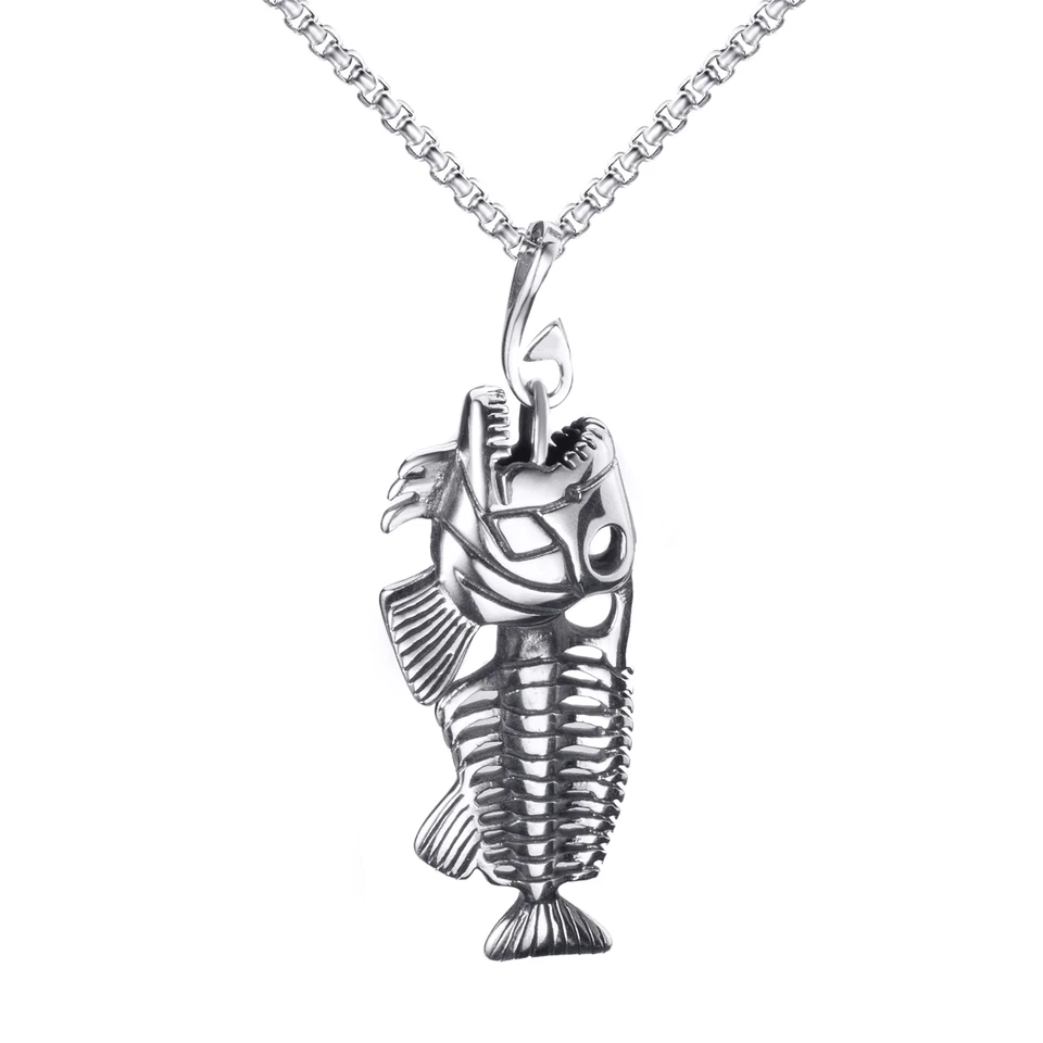 Conjunto de joyería de cadena colgante de gancho de pesca de hueso de pescado de acero inoxidable para hombre Foto 3 de 4