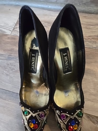 Vintage 80s J Renee Heels Shoes 7 N Black Suede Gold Embroidered Jeweled - Picture 4 of 6