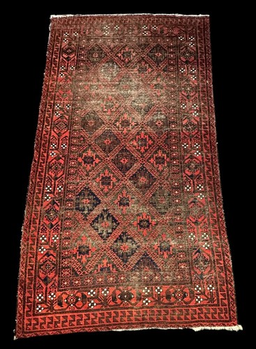 Antique Handmade Wool Rug Red Afghan Pattern 4'2 x 7'3 Worn to Perfection