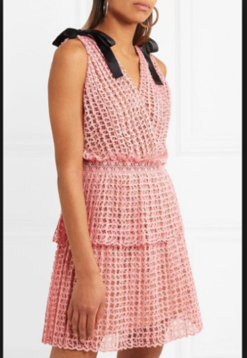 SELF PORTRAIT BOW- DETAIL TIERED GUIPURE LACE MINI PINK DRESS sz 2 | eBay