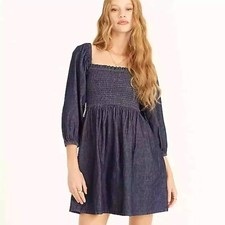 NWT J. Crew Smocked Puff-Sleeve Dress in Chambray Blue Size XXS NEW