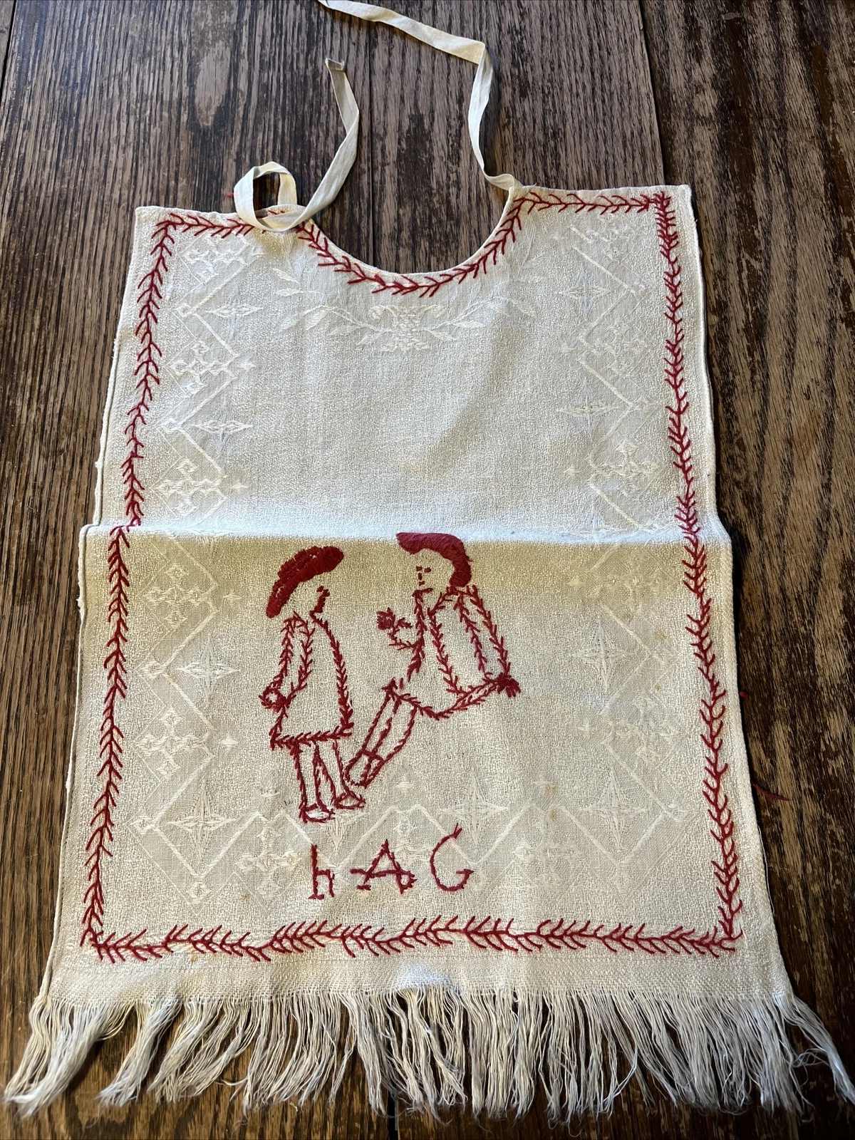 Vintage Mid Century Embroidered Fringe Towel Bib Red Stitch “hag” Monogram?