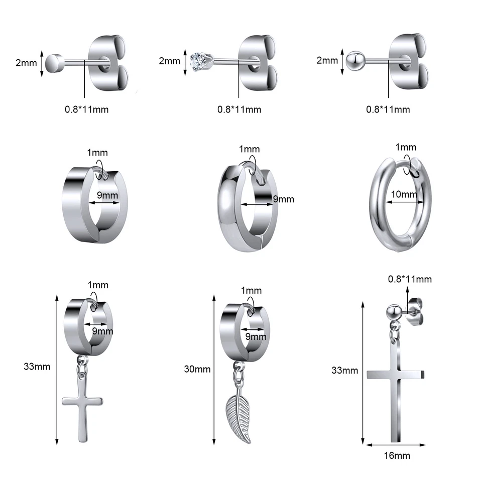 8-9 Pairs Stainless Steel Stud Earrings Black Punk Cross Earring Helix Piercings - Image 4 of 4