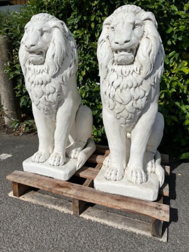 Sitting Lion pair white Crushed marble lion pair Large Lions Gate Guardians - Picture 1 of 11