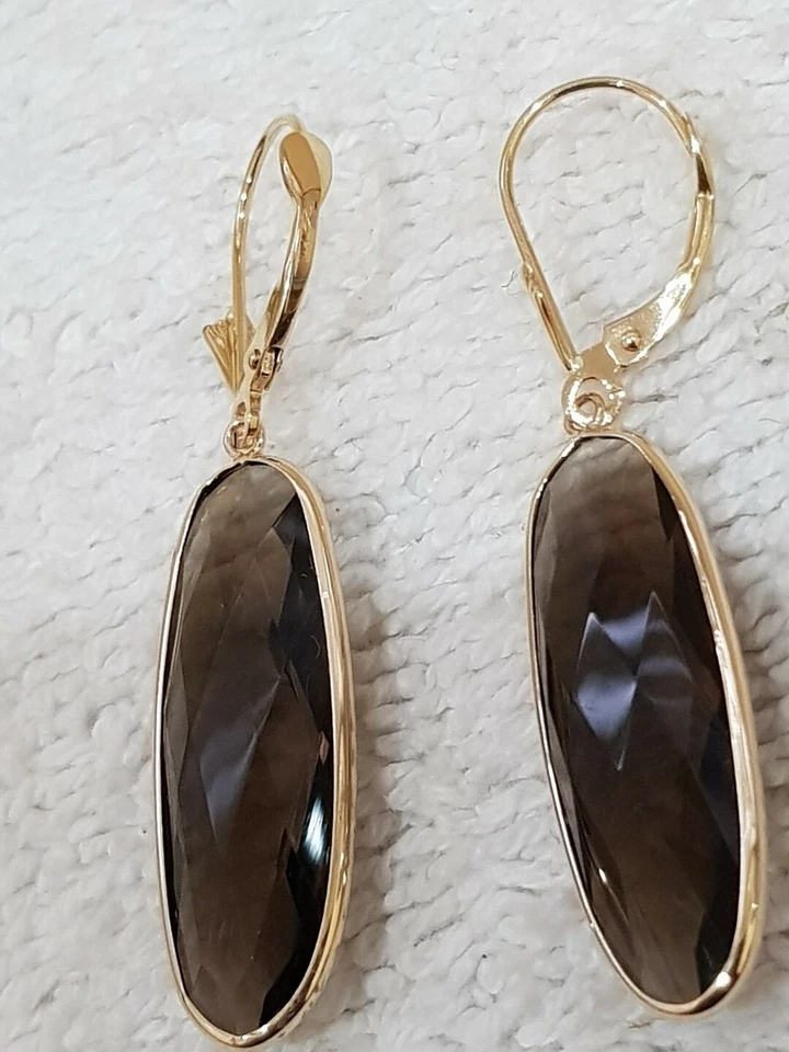 14k Yellow Gold Earrings with Smoky Topaz 9×27 mm / Leverback. - Image 2 of 4