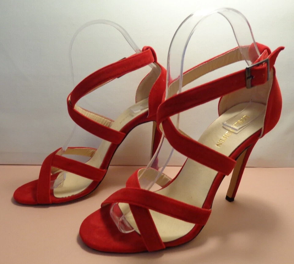 Loslandifen💗Sexy Zapatos de Tacón Alto Rojo Imitación Gamuza Doble Cruzada 4.25"💗Talla 7/38 Foto 2 de 4